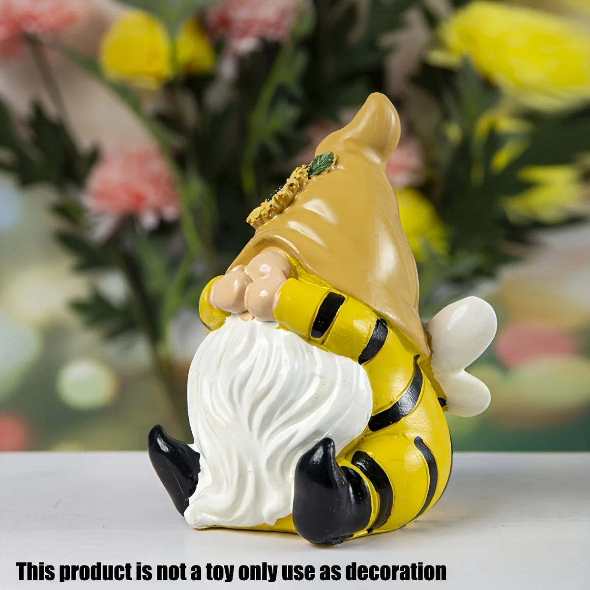 statuette gnome résine jaune abeille barbe blanche chapeau beige salon jardin décoration fantaisiste magique