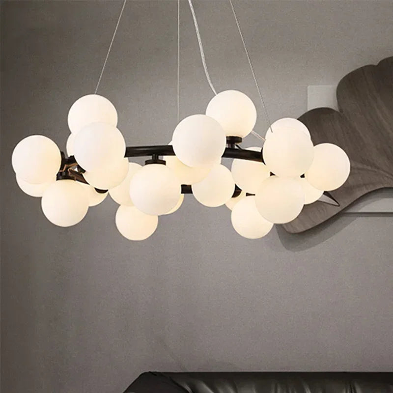 suspension moderne boules translucides blanc doré noir led restaurant salon bar