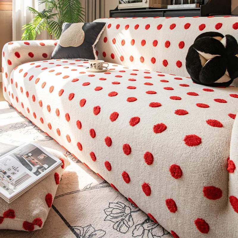 Housse canapé polaire pois blancs rouges moderne facile entretenir blanc rouge noir
