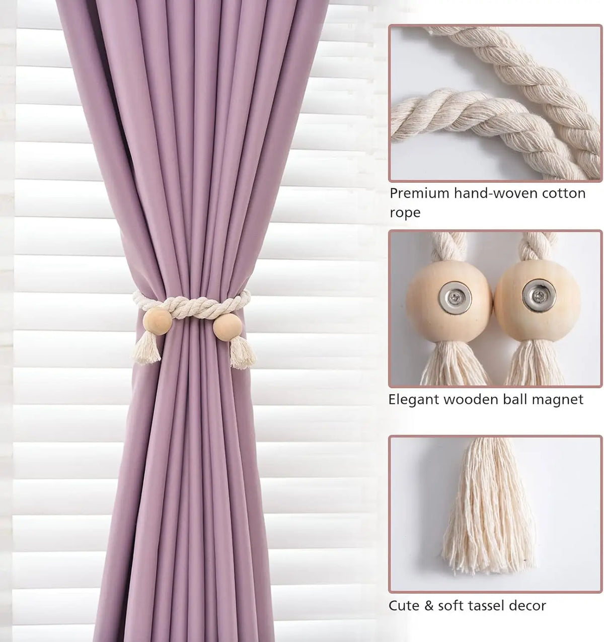 boucles aimants bois pompons franges rideau moderne rustique tissu coton corde tressée violet clair