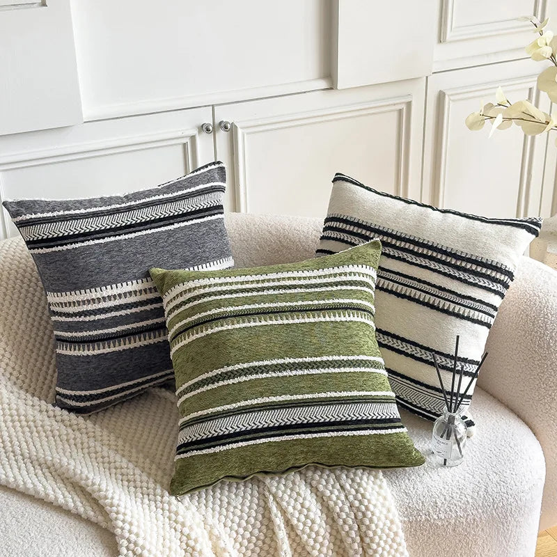 housse coussin rayé polyester 45x45cm moderne blanc beige gris vert chambre