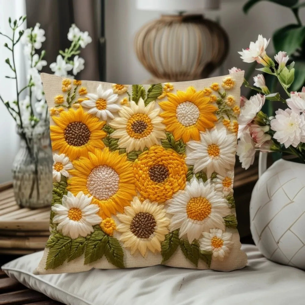 taies d'oreiller fleurs jaunes blanches texture 3d moelleuses polyester opaques decoratif coussin chambre coucher