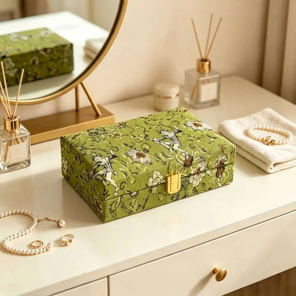 boîte bijoux classique vintage compartiments fleurs velours intérieur vert beige rouge