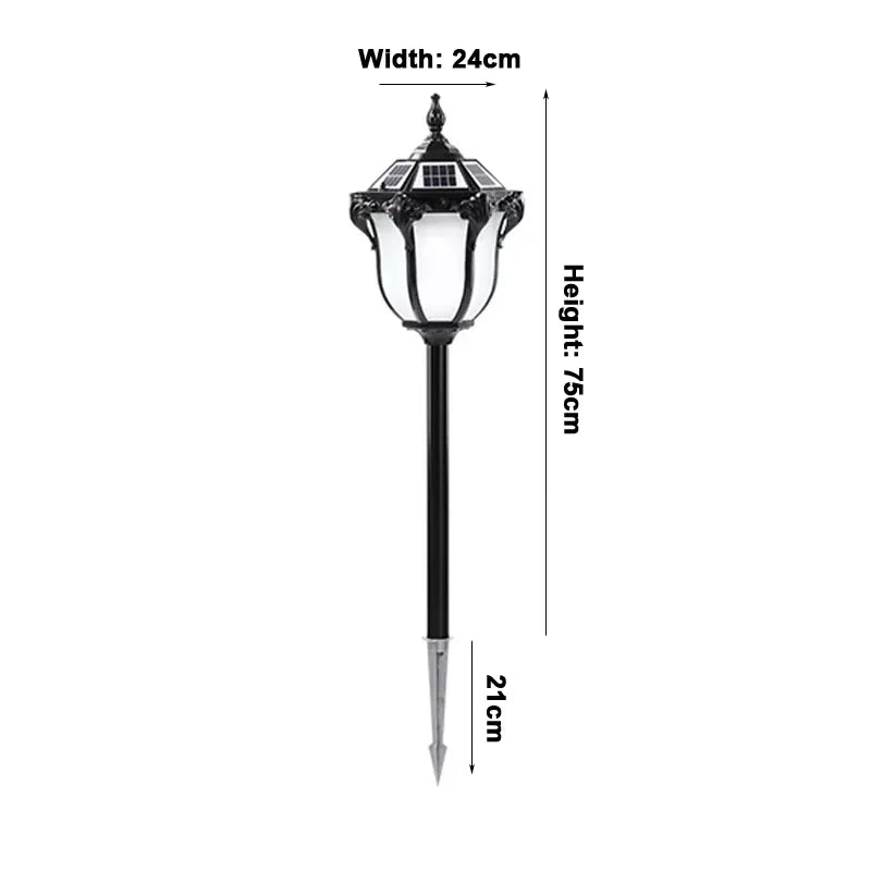 lampe solaire extérieure or noir classique ornements dorés panneaux solaires pied métallique autonomie led