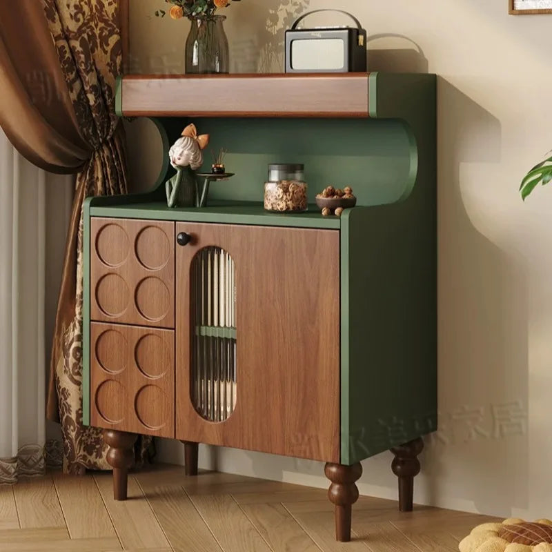 meuble rangement moderne vert brun clair texture bois motifs géométriques vintage
