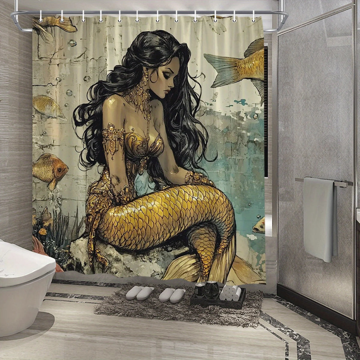 rideau douche sirène illustration poissons dorés art nouveau polyester opaque moderne