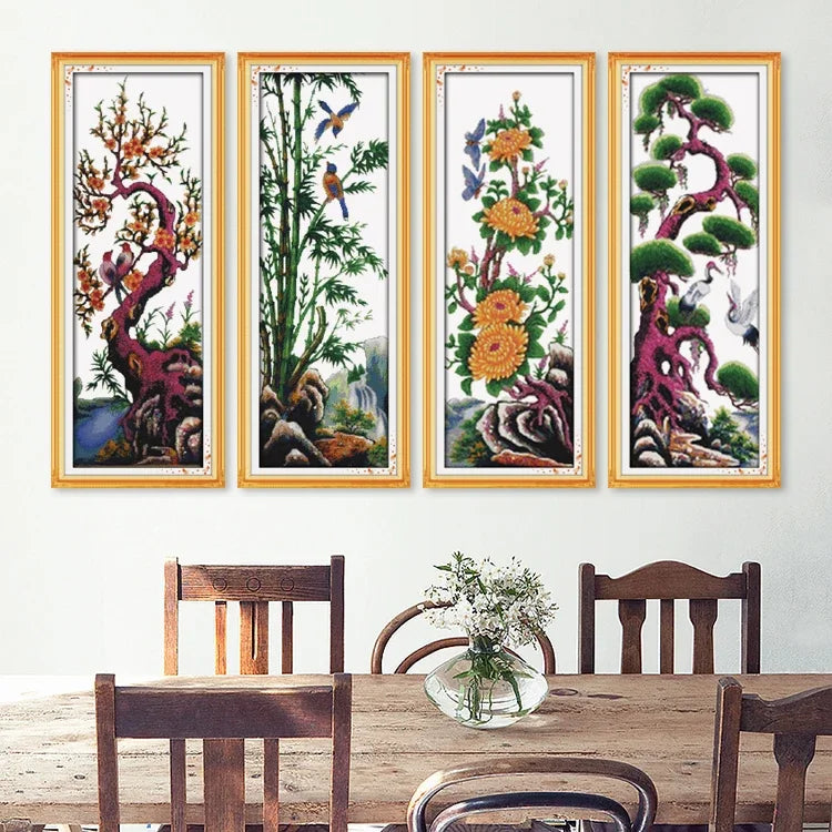 tableau paysage naturel arbres fleurs oiseaux papillons coton doré broderie