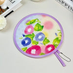éventail pliant traditionnel japonais motif floral chaîne métallique bleu rose violet rouge blanc