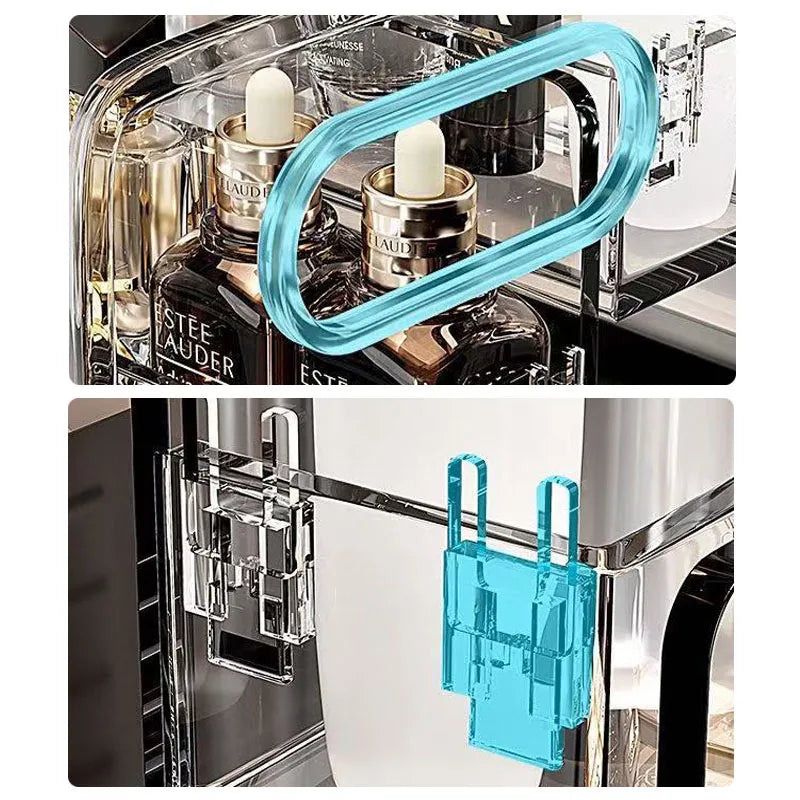 organisateur maquillage transparent moderne réutilisable compartiments clips fixations soins peau parfums cosmétiques porte maquillage