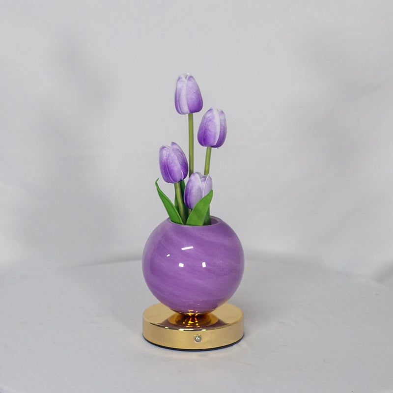 lampe table moderne rechargeable tulipes multicolores marbrées base métallique bleu rose orange violet rechargeable