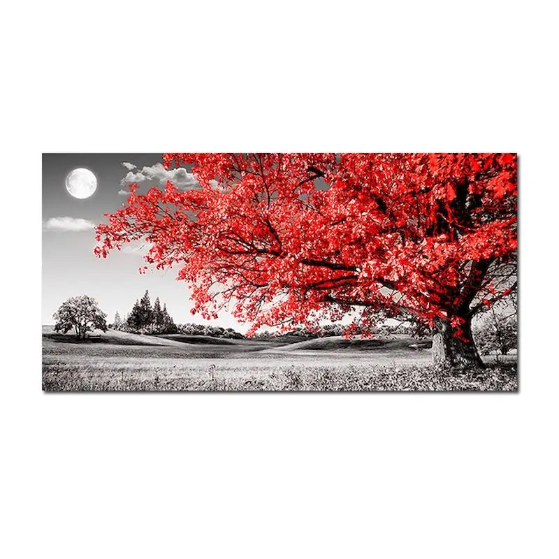 grande toile peinture paysage nocturne arbre fleurs bleu noir blanc décoration murale moderne
