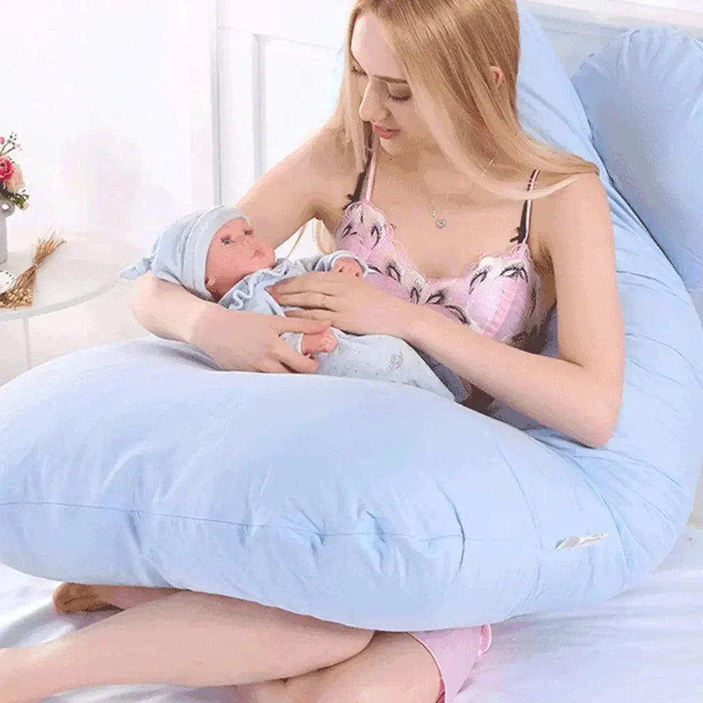 coussin maternité bleu clair forme polyester coton massage voyage literie allaitement