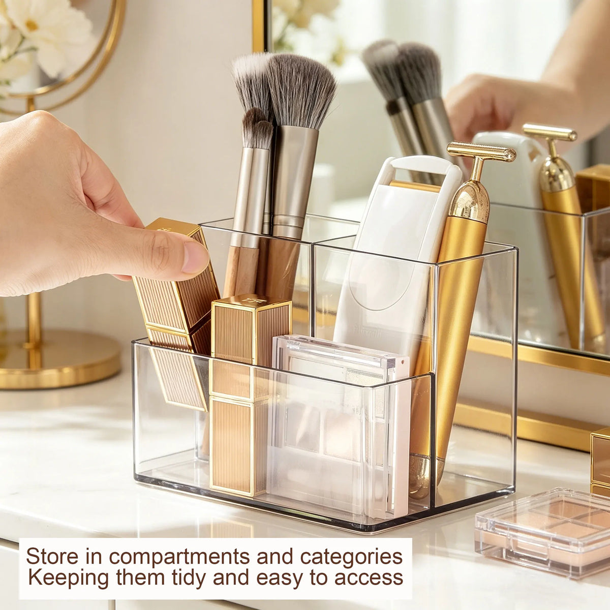 boîte rangement transparente cosmétiques maquillage brosse palette fards fondation crème lotion parfum moderne minimaliste