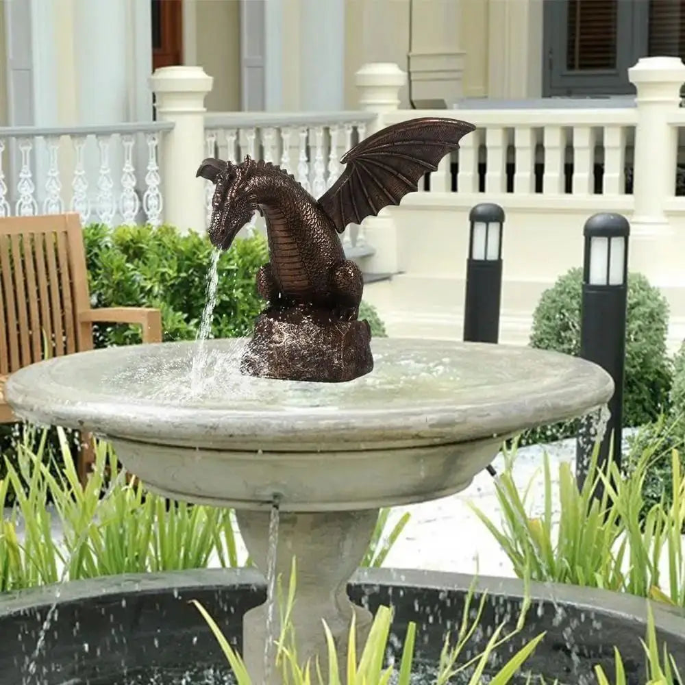 fontaine décoration extérieure dragon bronze ailes écailles eau médiévale fantastiqueextérieur jardin résine