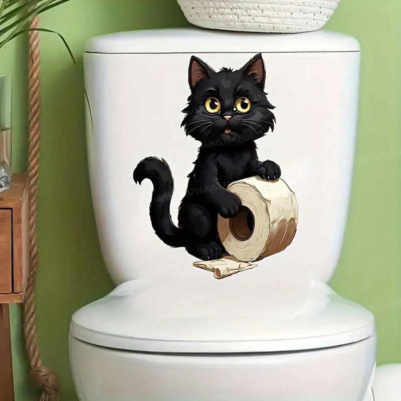 sticker mural chat noir papier toilette adhésif pvc illustration réaliste salle bains décoration
