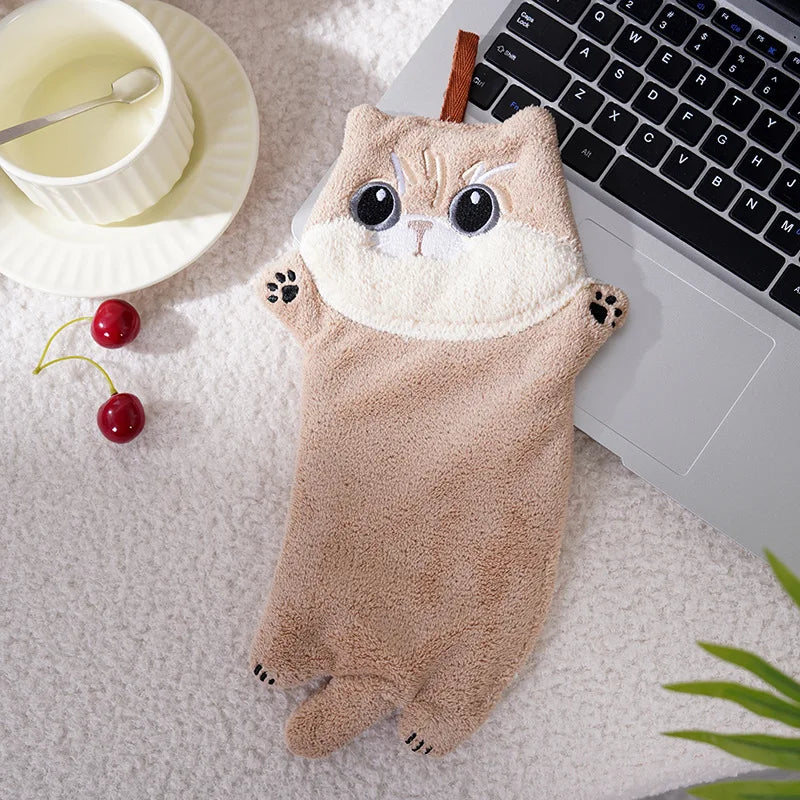 serviette toilette gant noir chat peluche super absorbante cordon cuisine salle bain