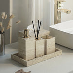 ensemble accessoires salle bain travertin beige distributeur savon plateau pot coton diffuseur moderne