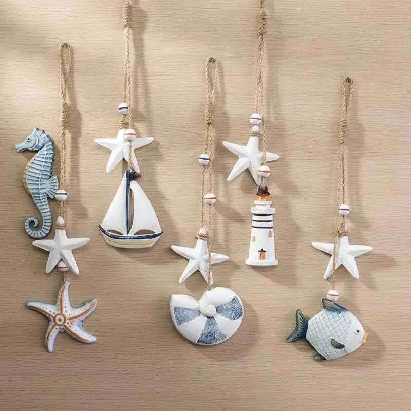 décorations murales marine poissons hippocampes étoiles mer phare cordelette blanc bleu beige gris deco