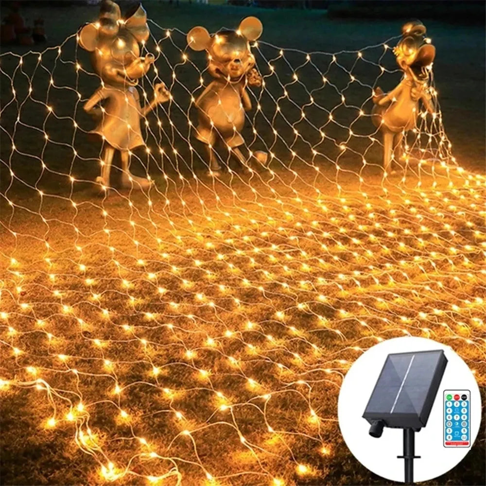 filet lumineux solaire blanc moderne télécommande panneau solaire fixations œilletsextérieur jardinDecorationFete