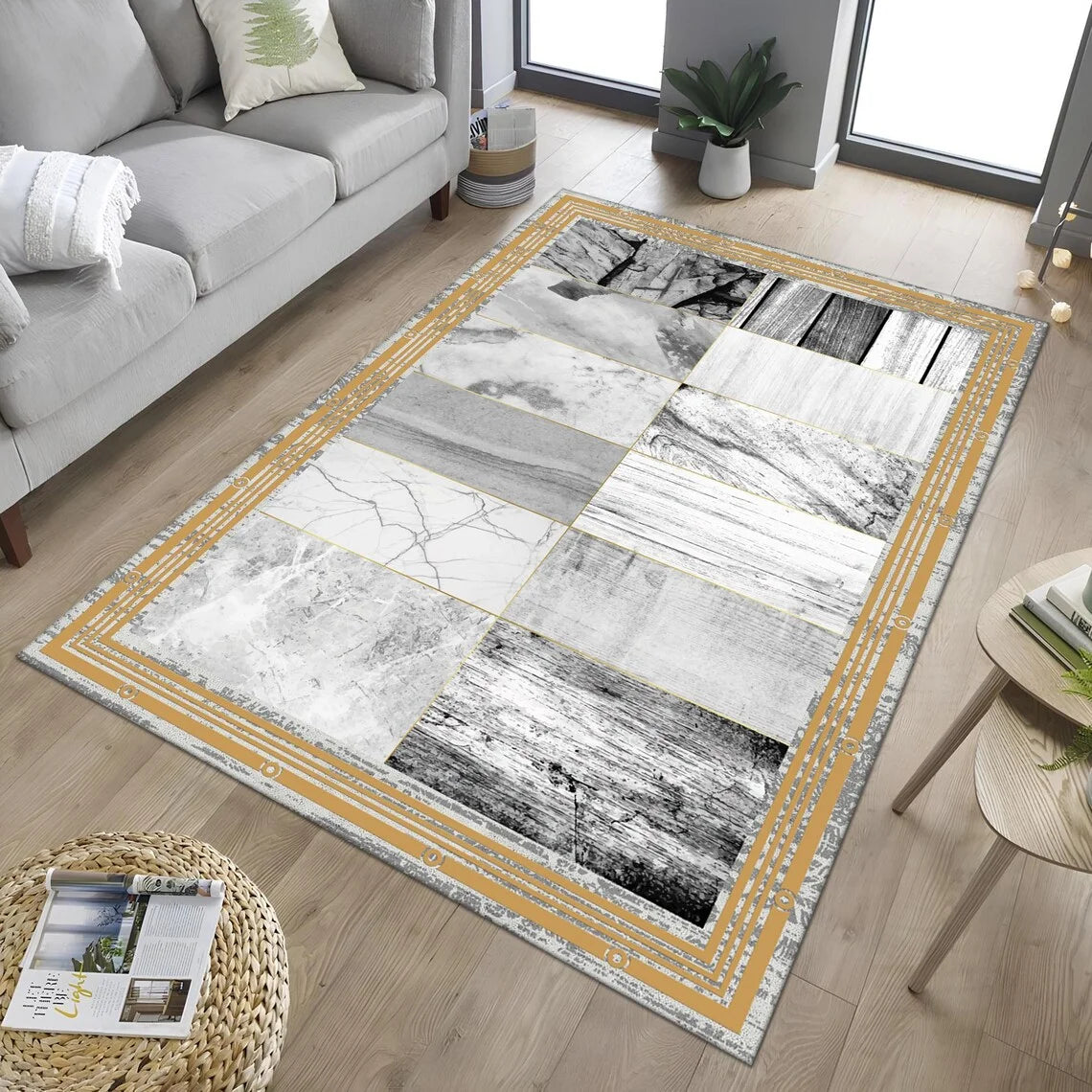 tapis moderne noir or marbre géométrique salon chambre antidérapant polyester