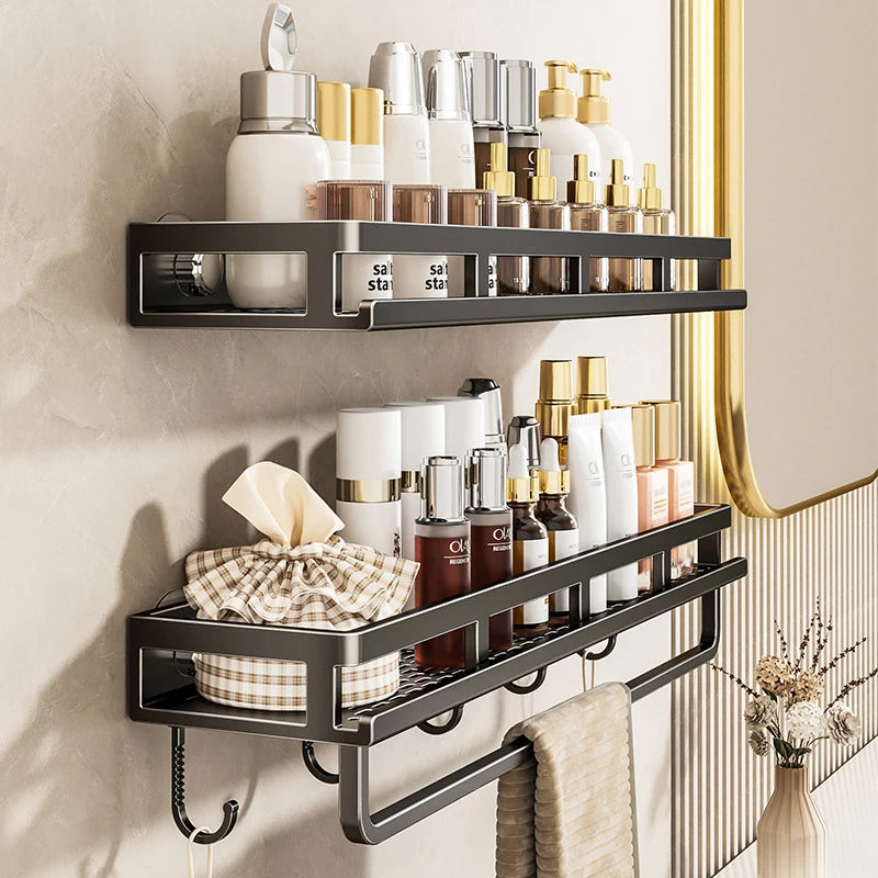 étagère murale adhésive noir acier inoxydable salle bain moderne clips magnétiques rangement douche