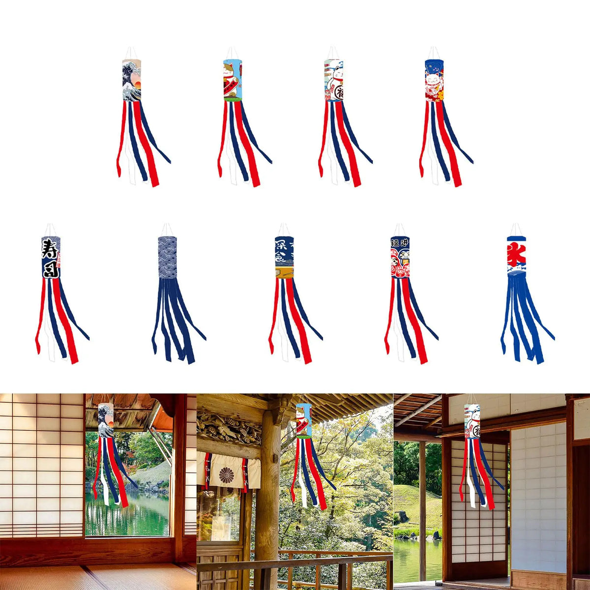 Éventail vent koinobori japonais motifs maneki neko rubans colorés bleu marine rouge blanc