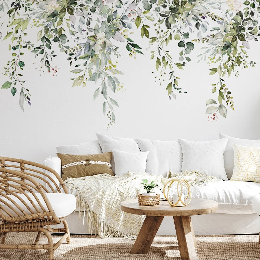 papier peint mural feuilles vigne naturel botanique adhésif salon chambre enfant vert blanc gris