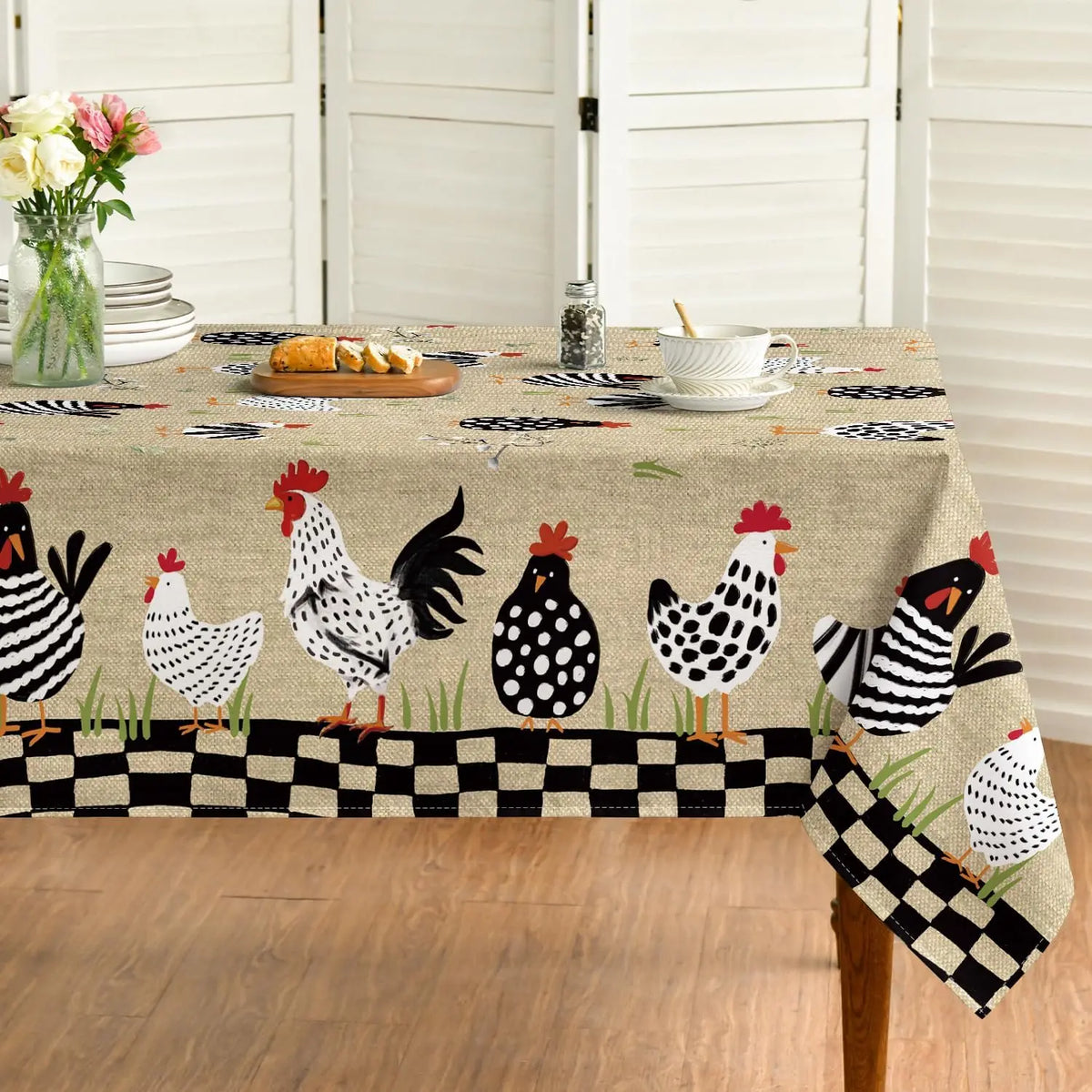 nappe rustique motif poules plumes herbe verte moderne rectangle maison table manger polyester réutilisable