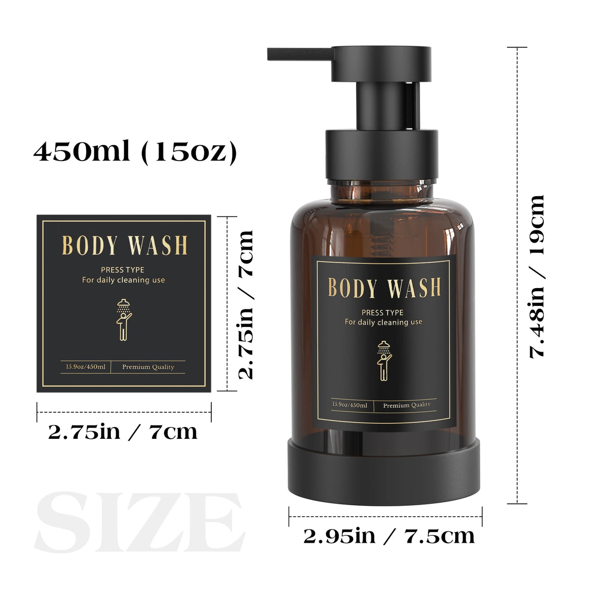 distributeur savon liquide noir bleu clair moderne minimaliste transparent pompe pression étiquette noire texte
