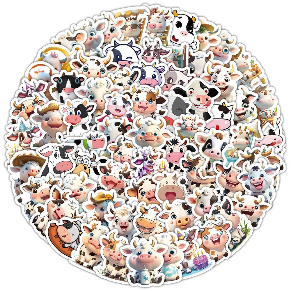 stickers vache cartoon kawaii random couleur pack 100 pieces stickers animaux imperméables téléphone ordinateur