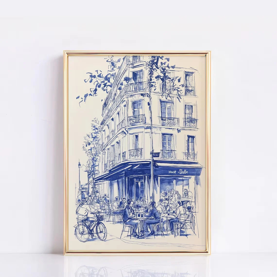 affiche toile cadre bois illustration paris rue animée décoration murale bistrot français bleu