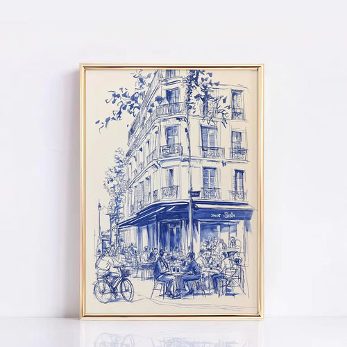 affiche toile cadre bois illustration paris rue animée décoration murale bistrot français bleu