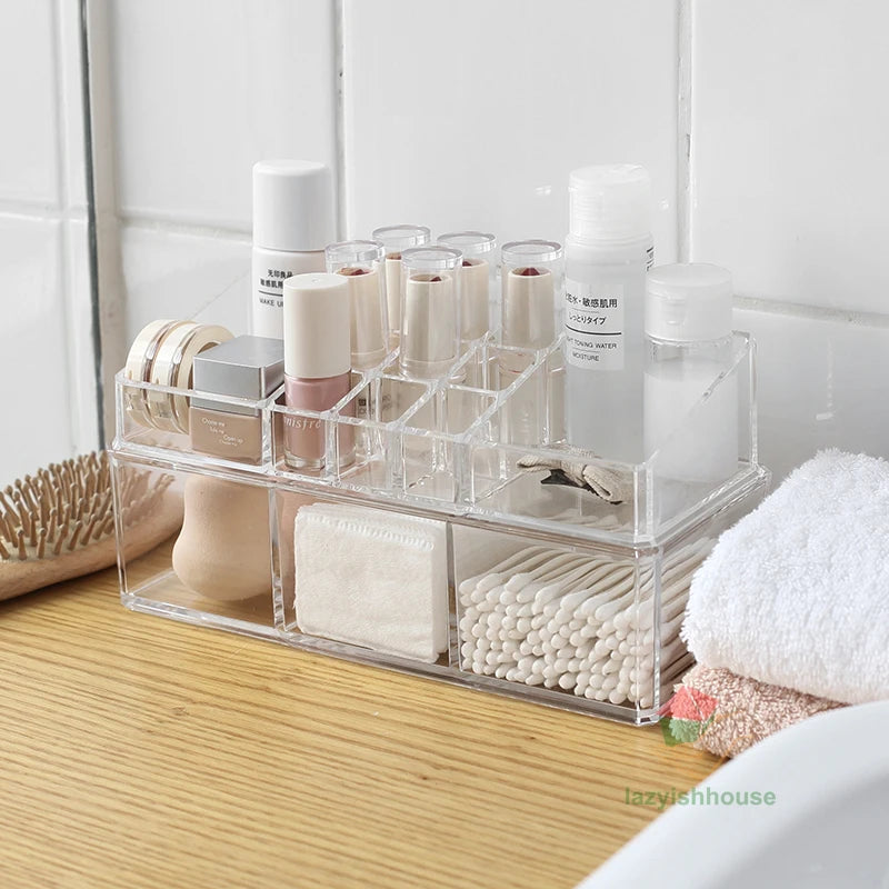 rangement cosmétique acrylique transparent moderne brosse maquillage coton tige poudre compacte crème visage vernis