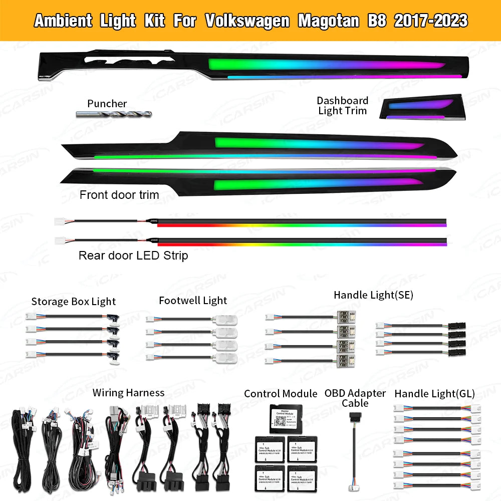lumière ambiant kit vw magotan b8 2017 2023 noir vert bleu violet blanc rayures