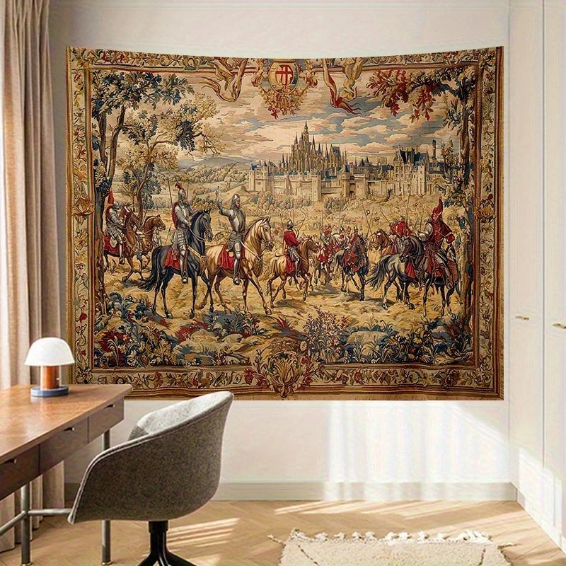 tapisserie murale imprimée chevaliers châteaux paysages floraux renaissance beige marron rouge vert bleu noir