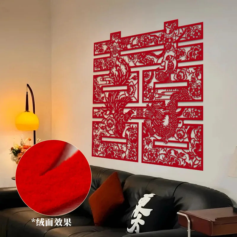 décoration murale mariage papier découpé artisanal motifs floraux rouge adhésif traditionnel chinois