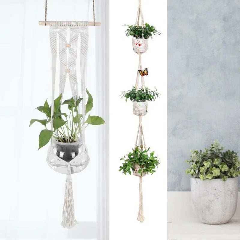 Support plante suspendue macramé blanc artisanal pot transparent