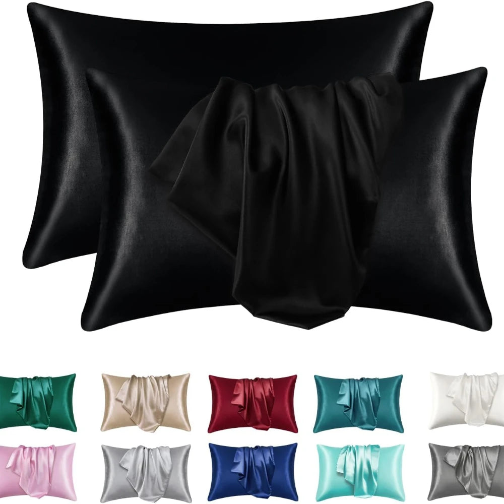 lot protège oreiller noir satin brillant cheveux peau lit moderne