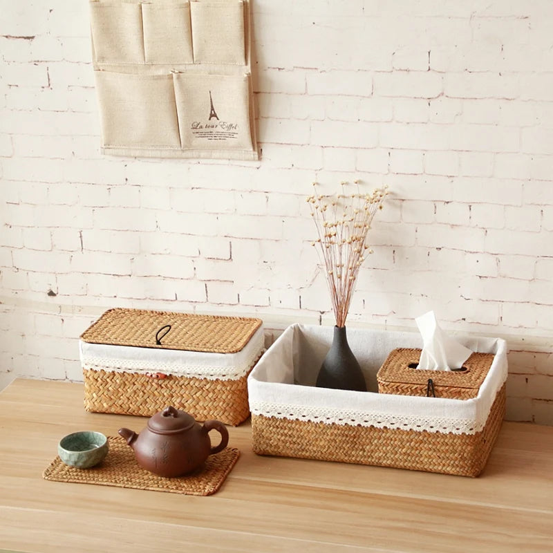 paniers paille naturels panier couvercle poignées métalliques boho chic rustique salon