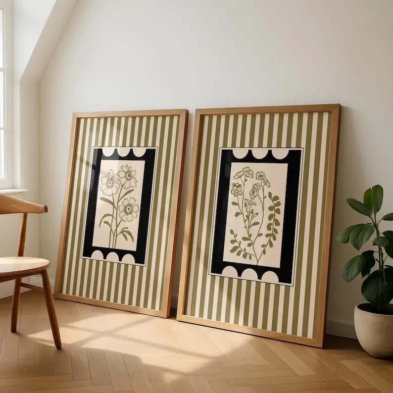 toiles impression abstrait moderne minimaliste rayures fleurs stylisées clips crochets vert clair beige noir