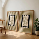 toiles impression abstrait moderne minimaliste rayures fleurs stylisées clips crochets vert clair beige noir