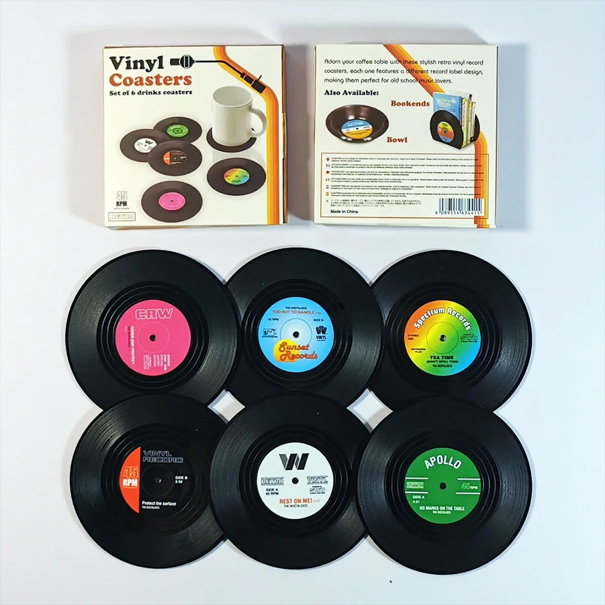 coasters vintage rockabilly noir motifs disques vinyle blancs résistants chaleur antidérapants plastique respectueux environnement