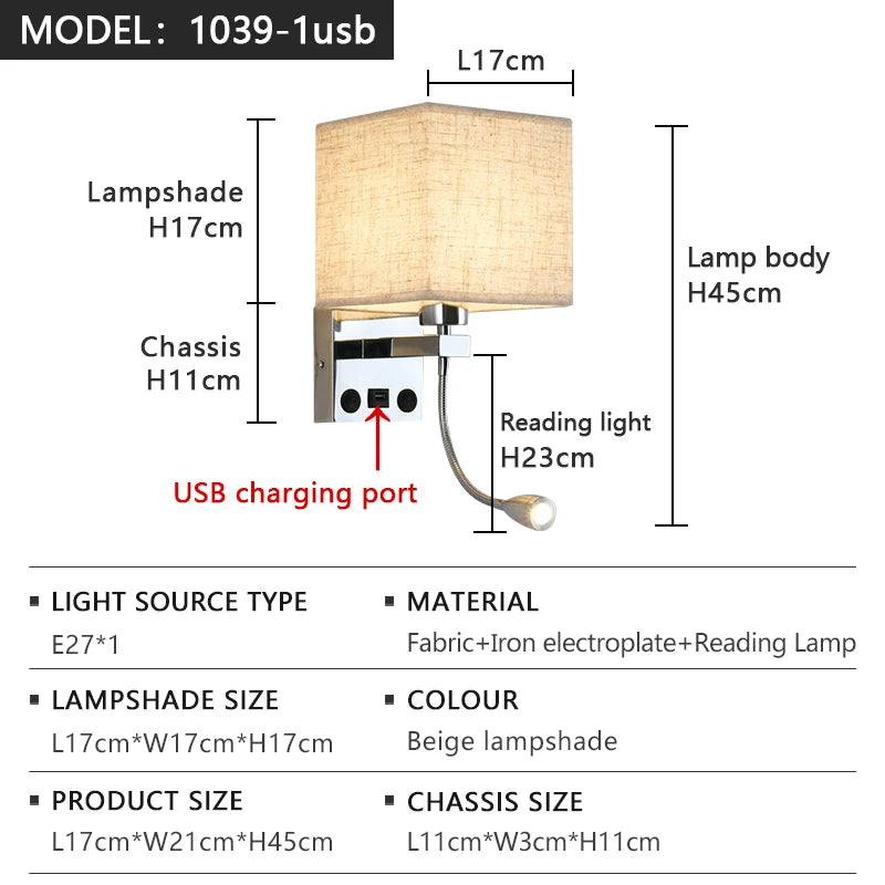 lampe murale moderne led usb interrupteur tissu blanc beige noir