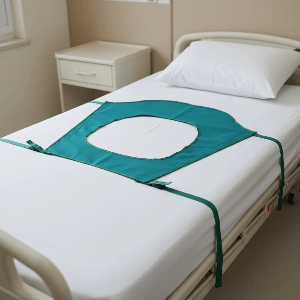 accessoire lit médicalisé aide transfert sangles bouclés rouge tissu rayé blanc turquoise