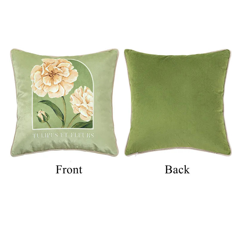 coussin carré velours fleuri vert clair vintage 45x45cm 55x55cm décoration maison lit sofa farmhouse