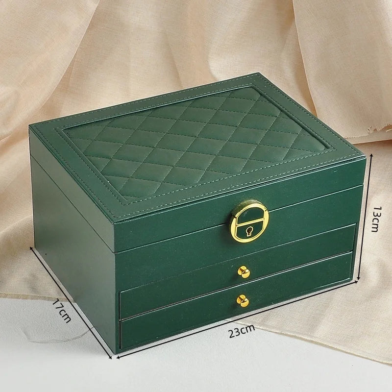 boîte bijoux cuir vert foncé blanc rose pâle motifs géométriques classique chic poignées dorées