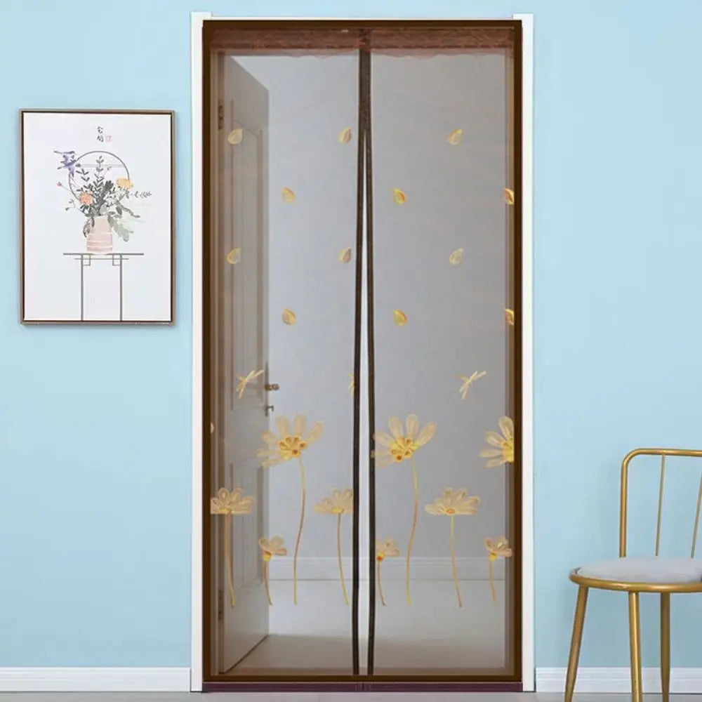 rideau porte moderne gris translucide fleurs dorées motifs géométriques bien ventilé anti insectes
