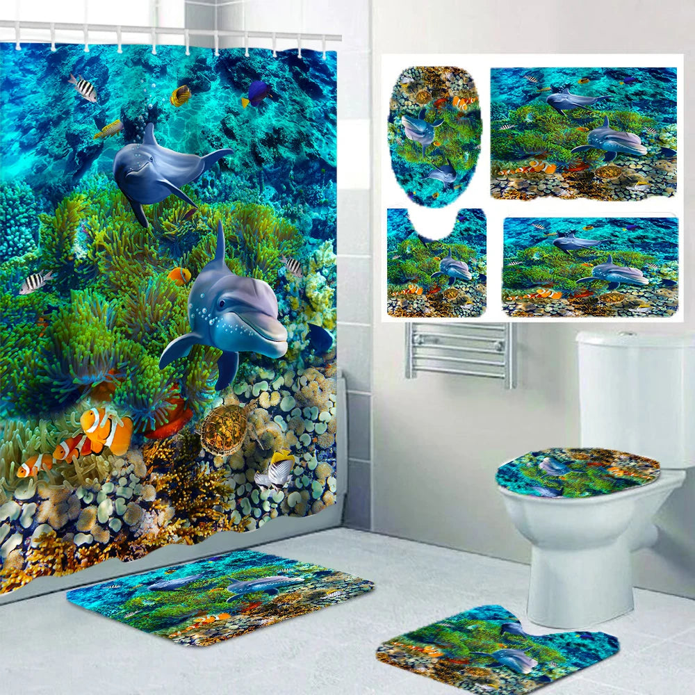 rideau douche motif marine tapis bain couvercle toilette poissons coraux