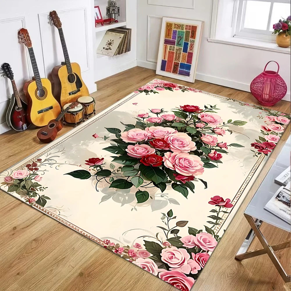 tapis floral classique fleurs roses feuilles tapis beige rose vert rouge salon chambreOpaque Aubusson