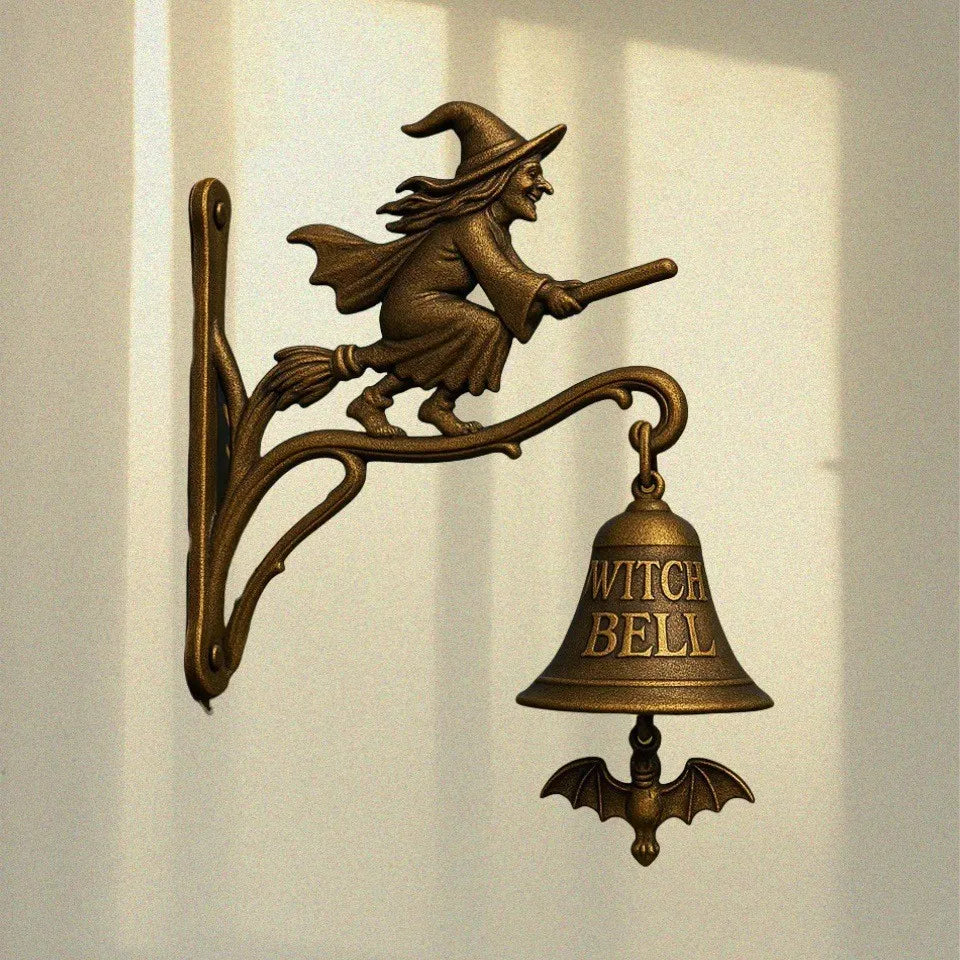 cloche décorative artisanale bronze figurines sorcière chien dieu marin vintage écolo fixations écrousextérieurintérieur